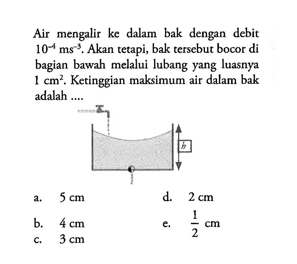 Air mengalir ke dalam bak dengan debit 10^-4 ms^-3. Akan tetapi, bak tersebut bocor di bagian bawah melalui lubang yang luasnya 1 cm^2. Ketinggian maksimum air dalam bak adalah .... b 