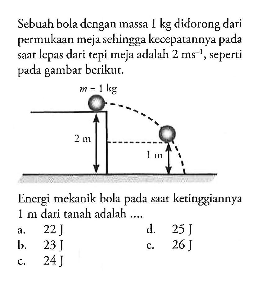 Sebuah bola dengan massa  1 kg  didorong dari permukaan meja sehingga kecepatannya pada saat lepas dari tepi meja adalah  2 ms^-1 , seperti pada gambar berikut.Energi mekanik bola pada saat ketinggiannya  1 m  dari tanah adalah ....
