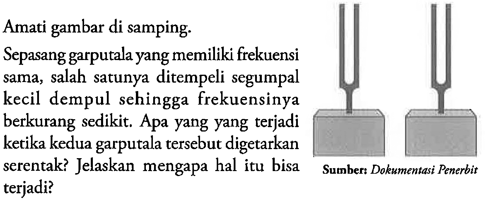 Amati gambar di samping. Sepasang garputala yang memiliki frekuensi sama, salah satunya ditempeli segumpal kecil dempul sehingga frekuensinya berkurang sedikit. Apa yang yang terjadi ketika kedua garputala tersebut digetarkan serentak? Jelaskan mengapa hal itu bisa terjadi? Sumber: Dokumentasi Penerbit