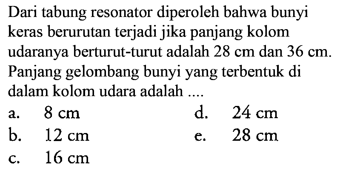 Dari tabung resonator diperoleh bahwa bunyikeras berurutan terjadi jika panjang kolomudaranya berturut-turut adalah 28 cm dan 36 cm.Panjang gelombang bunyi yang terbentuk didalam kolom udara adalah ....   