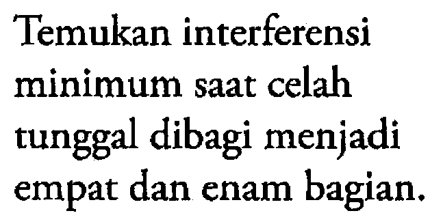 Temukan interferensi minimum saat celah tunggal dibagi menjadi empat dan enam bagian.