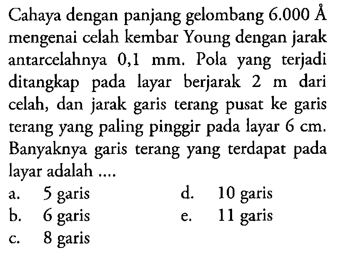 Cahaya dengan panjang gelombang 6.000 A mengenai celah kembar Young dengan jarak antarcelahnya 0,1 mm. Pola yang terjadi ditangkap pada layar berjarak 2 m dari celah, dan jarak garis terang pusat ke garis terang yang paling pinggir pada layar 6 cm. Banyaknya garis terang yang terdapat pada layar adalah ....