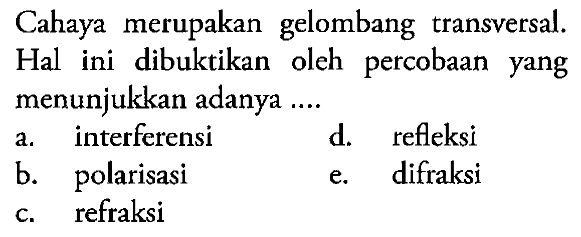 Cahaya merupakan gelombang transversal. Hal ini dibuktikan oleh percobaan yang menunjukkan adanya .... a. interferensi b. polarisasi c. refraksi d. refleksi e. difraksi 