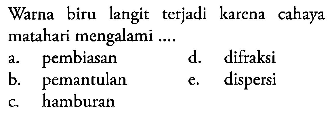 Warna biru langit terjadi karena cahaya matahari mengalami ....a. pembiasanb. pemantulanc. hamburand. difraksie. dispersi 