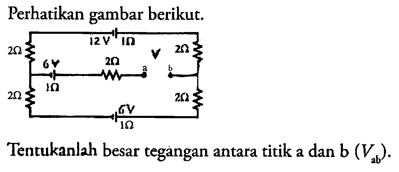 Perhatikan gambar berikut. 12 V 1 Ohm 2 Ohm 6 V 2 Ohm V 2 Ohm 2 Ohm 1 Ohm 2 Ohm 6 V 1 Ohm Tentukanlah besar tegangan antara titik a dan b (Vab). 