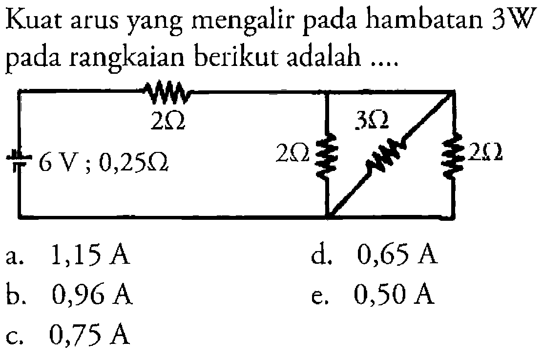 Kuat arus yang mengalir pada hambatan 3W rangkaian berikut adalah ....