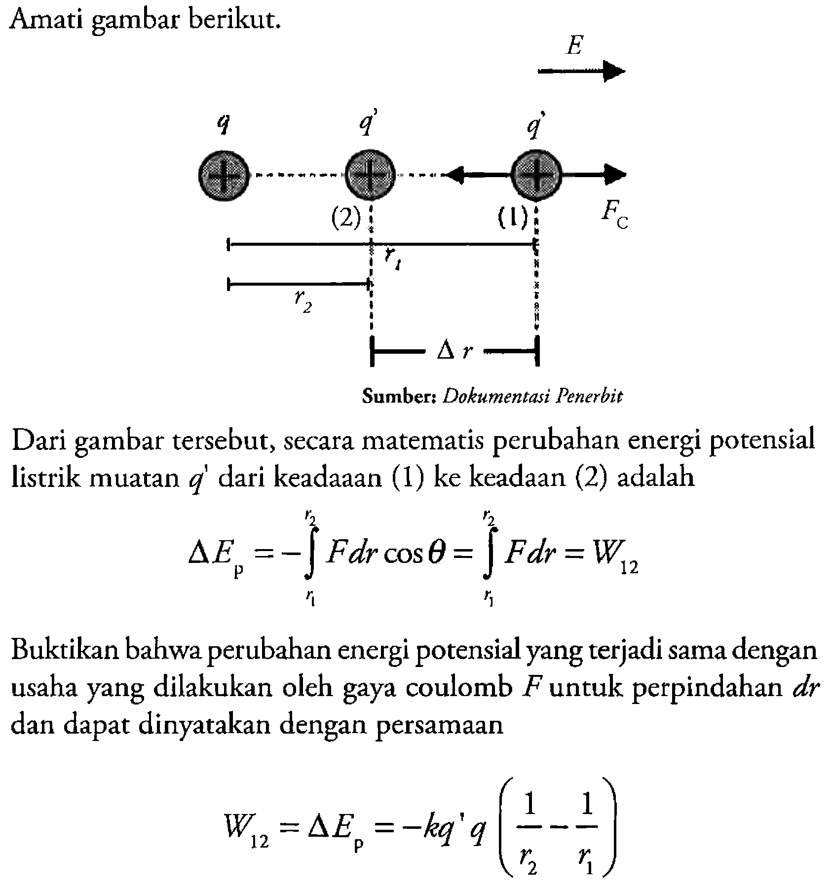 Amati gambar berikut. 
q q' q' Fc
r1 r2 delta r
Dari gambar tersebut, secara matematis perubahan energi potensial listrik muatan q' dari keadaan (1) ke keadaan (2) adalah 
delta(Ep) = - integral r1 r2 F dr cos theta = integral r1 r2 F dr = W 12
Buktikan bahwa perubahan energi potensial yang terjadi sama dengan usaha yang dilakukan oleh gaya coulomb F untuk perpindahan dr dan dapat dinyatakan  dengan persamaan W12 = delta(Ep) = -kq' q(1/r2 - 1/r2)