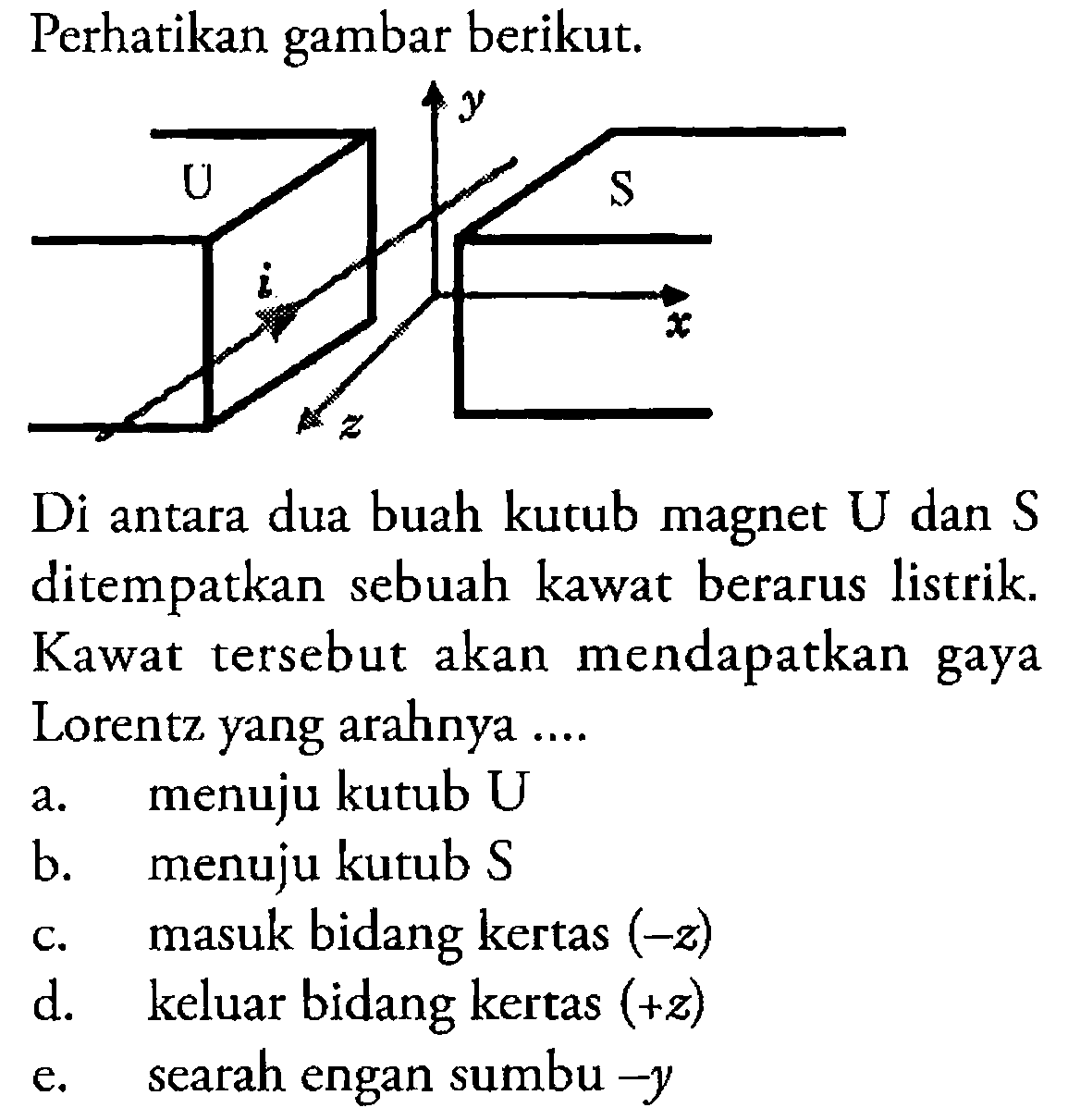 Perhatikan gambar berikut.Di antara dua buah kutub magnet U dan S ditempatkan sebuah kawat berarus listrik. Kawat tersebut akan mendapatkan gaya Lorentz yang arahnya ....