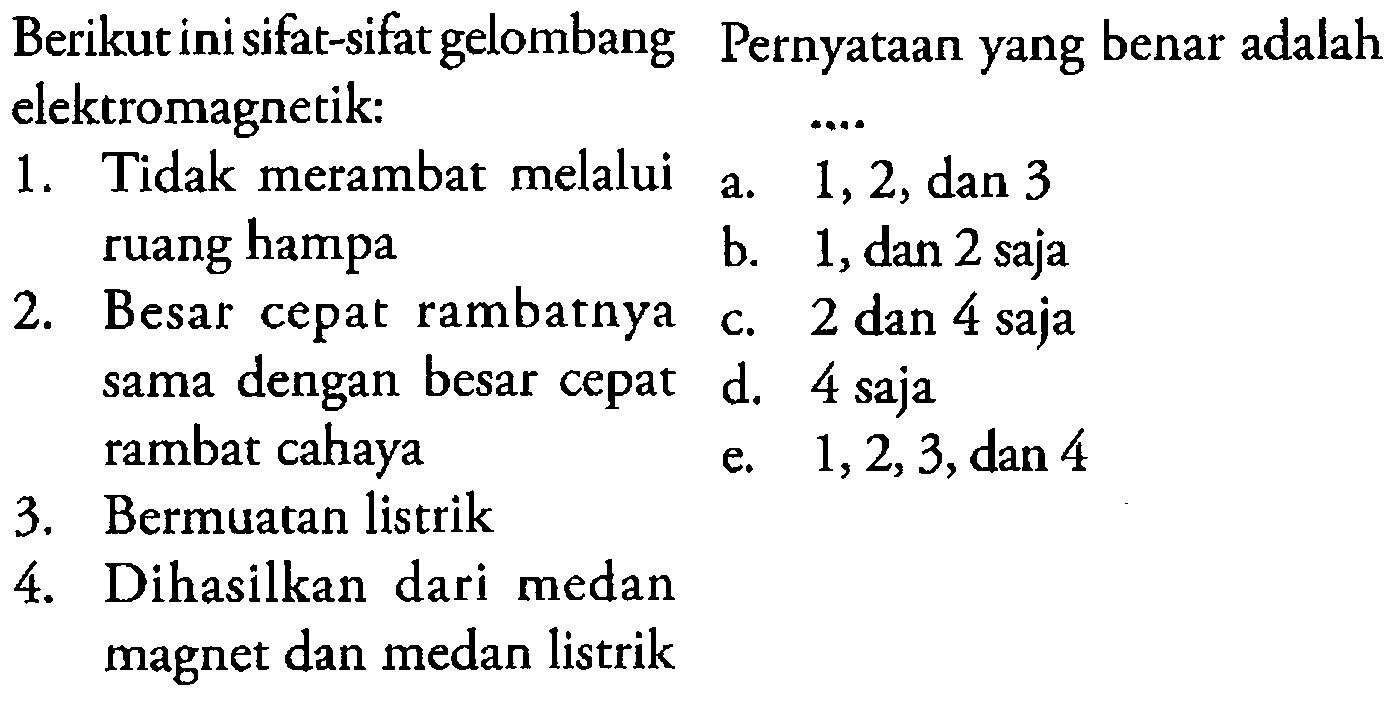 Berikutini sifat-sifat gelombang elektromagnetik:1. Tidak merambat melalui ruang hampa2. Besar cepat rambatnya sama dengan besar cepat rambat cahaya    3. Bermuatan listrik4. Dihasilkan dari medan magnet dan medan listrikPernyataan yang benar adalah...