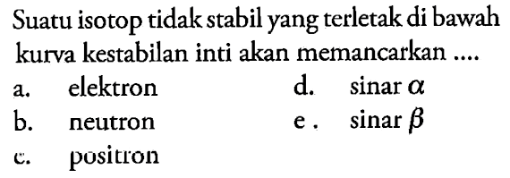 Suatu isotop tidak stabil yang terletak di bawah kurva kestabilan inti akan memancarkan ....
