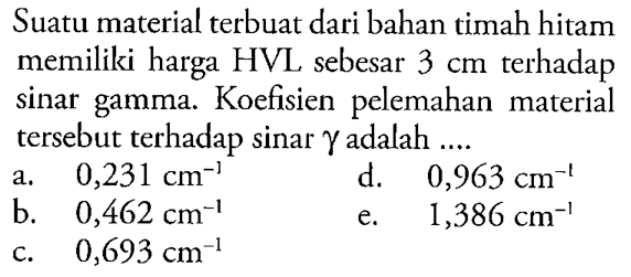 Suatu material terbuat dari bahan timah hitam memiliki harga HVL sebesar  3 cm  terhadap sinar gamma. Koefisien pelemahan material tersebut terhadap sinar  gamma  adalah ....
