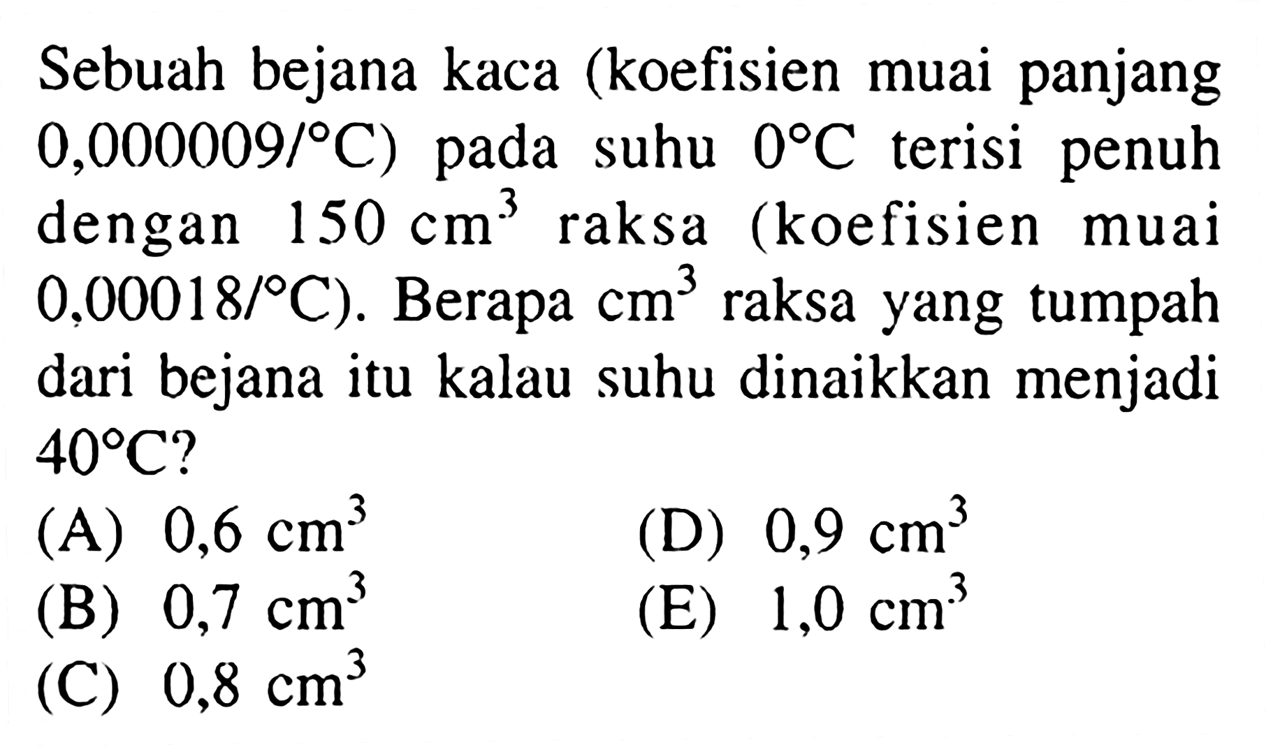 Sebuah bejana kaca (koefisien muai panjang 0,000009/C) pada suhu 0 C terisi penuh dengan 150 cm^3 raksa (koefisien muai 0,00018/C). Berapa cm^3 raksa yang tumpah dari bejana itu kalau suhu dinaikkan menjadi 40 C?