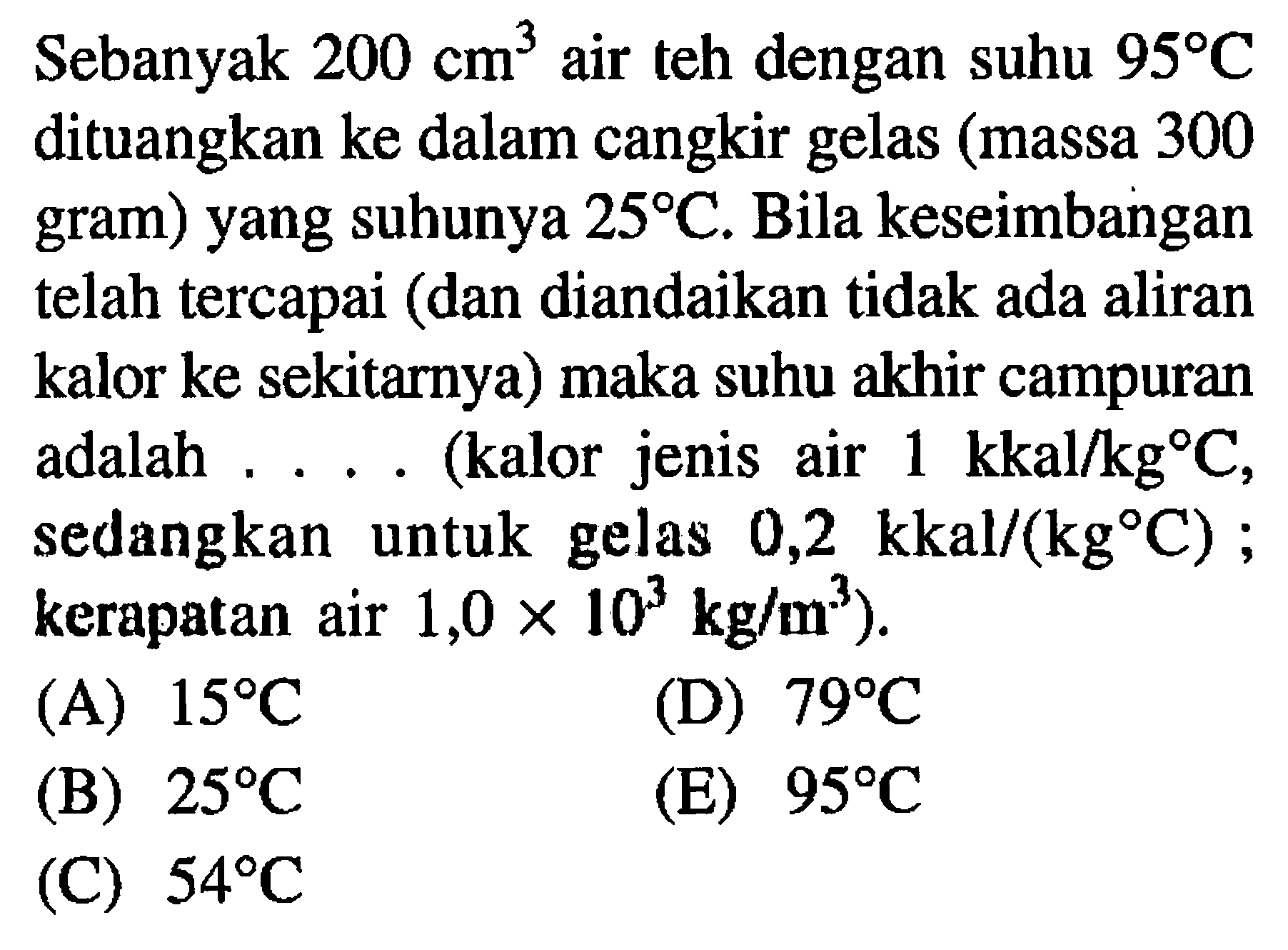 Sebanyak 200 cm^3 air teh dengan suhu 95 C dituangkan ke dalam cangkir gelas (massa 300 gram) yang suhunya 25 C. Bila keseimbangan telah tercapai (dan diandaikan tidak ada aliran kalor ke sekitarnya) maka suhu akhir campuran adalah .... (kalor jenis air 1 kkal/kg C, sedangkan untuk gelas 0,2 kkal/(kg C); kerapatan air 1,0 x 10^3 kg/m^3). 