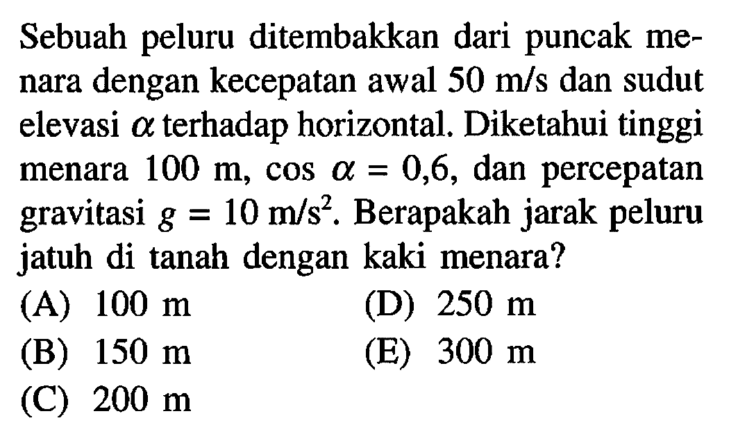 Sebuah peluru ditembakkan dari puncak menara dengan kecepatan awal 50 m/s dan sudut elevasi a terhadap horizontal. Diketahui tinggi menara 100 m, cos a=0,6, dan percepatan gravitasi g=10 m/s^2. Berapakah jarak peluru jatuh di tanah dengan kaki menara?