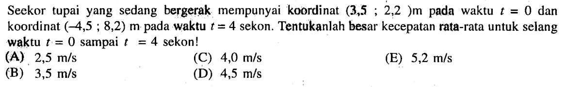 Seekor tupai yang sedang bergerak mempunyai koordinat (3,5 ; 2,2)m pada waktu t = 0 dan koordinat (-4,5 ; 8,2) m pada waktu t = 4 sekon. Tentukanlah besar kecepatan rata-rata untuk selang waktu t = 0 sampai 4 sekon!