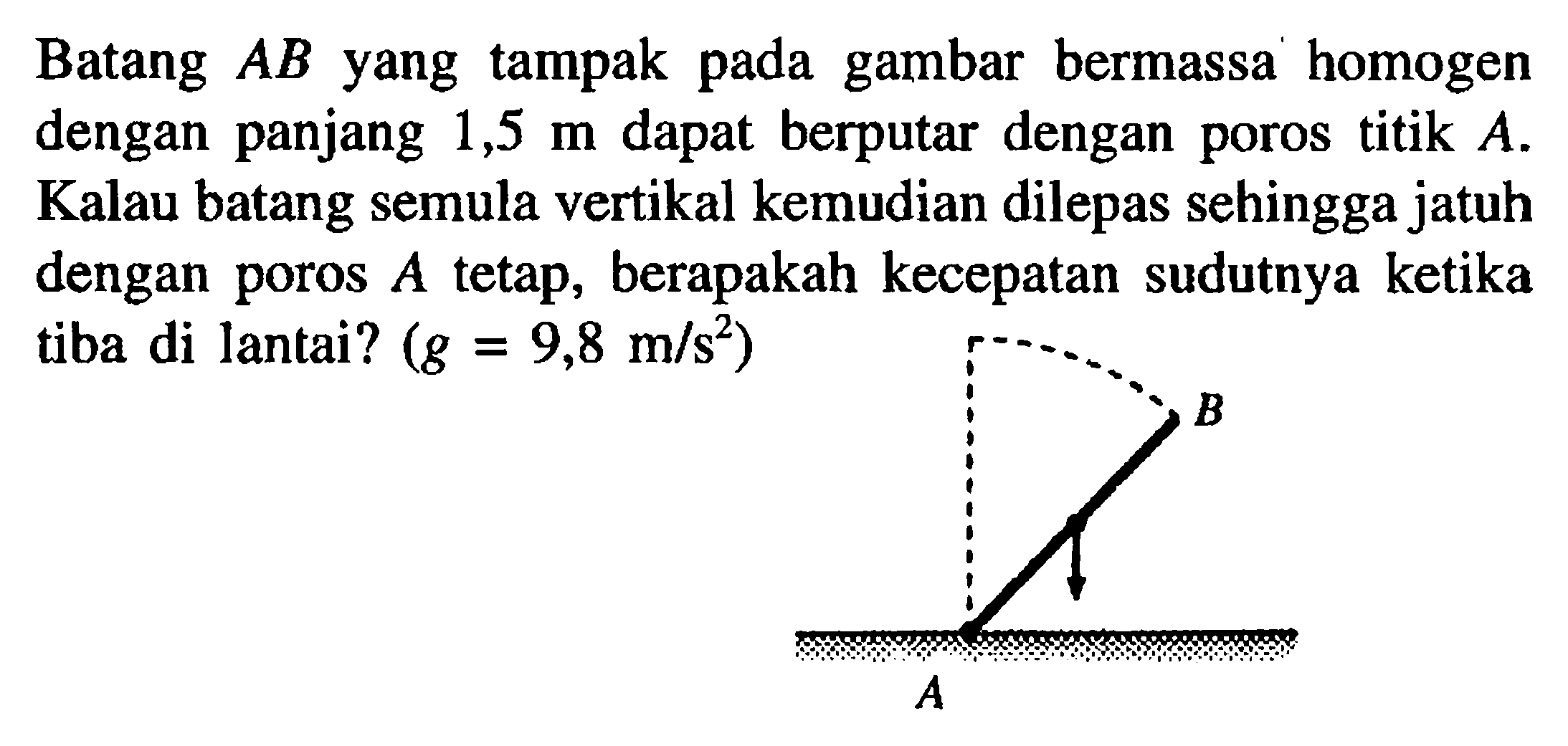 Batang AB yang tampak pada gambar bermassa homogen dengan panjang 1,5 m dapat berputar dengan poros titik A. Kalau batang semula vertikal kemudian dilepas sehingga jatuh dengan poros A tetap, berapakah kecepatan sudutnya ketika tiba di lantai? (g = 9,8 m/s^2)