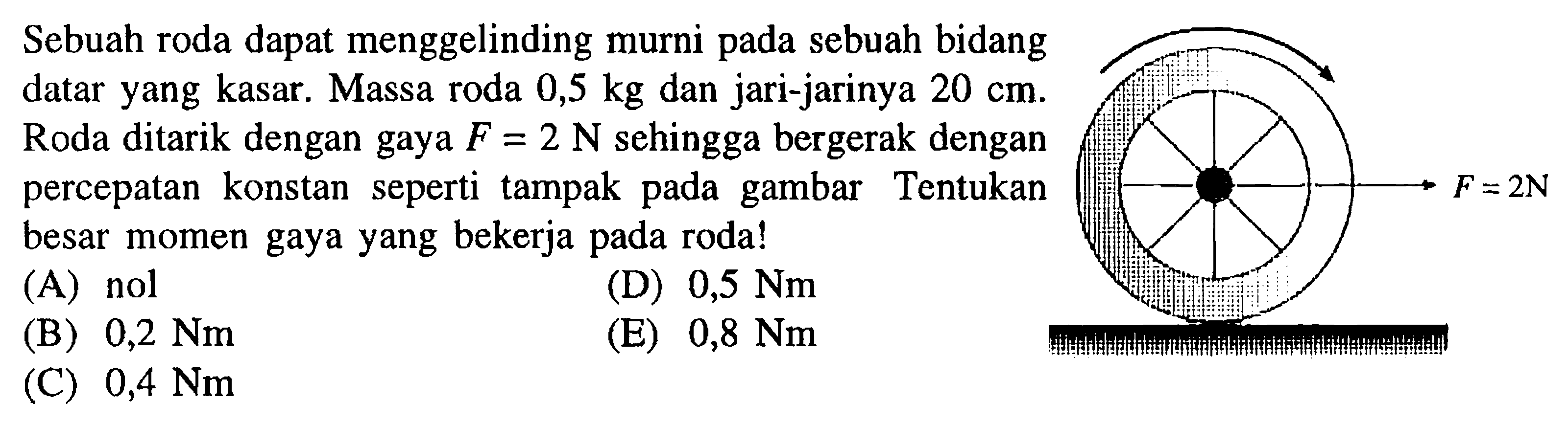 Sebuah roda dapat menggelinding murni pada sebuah bidang datar yang kasar. Massa roda 0,5 kg dan jari-jarinya 20 cm. Roda ditarik dengan gaya F = 2 N sehingga bergerak dengan percepatan konstan seperti tampak pada gambar. Tentukan besar momen gaya yang bekerja pada roda!