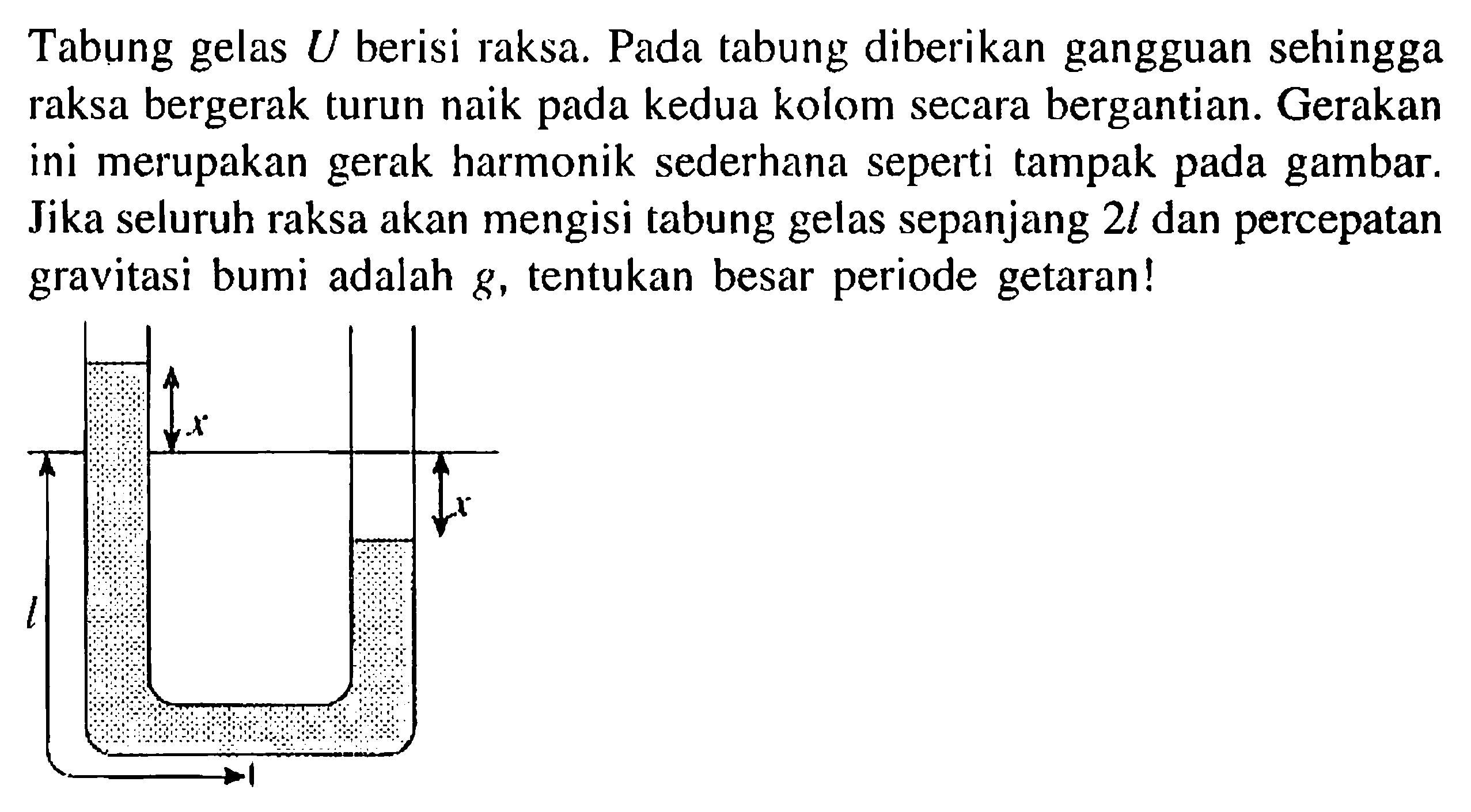 Tabung gelas U berisi raksa. Pada tabung diberikan gangguan sehingga raksa bergerak turun naik pada kedua kolom secara bergantian. Gerakan ini merupakan gerak harmonik sederhana seperti tampak pada gambar. Jika seluruh raksa akan mengisi tabung gelas sepanjang 2l dan percepatan gravitasi bumi adalah g, tentukan besar periode getaran! x x l