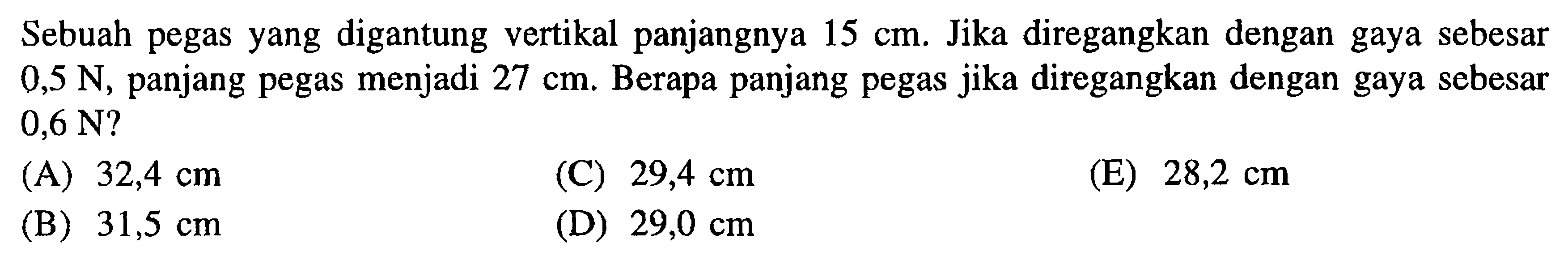 Sebuah pegas yang digantung vertikal panjangnya 15 cm. Jika diregangkan dengan gaya sebesar 0,5 N, panjang pegas menjadi 27 cm. Berapa panjang pegas jika diregangkan dengan gaya sebesar 0,6 N?