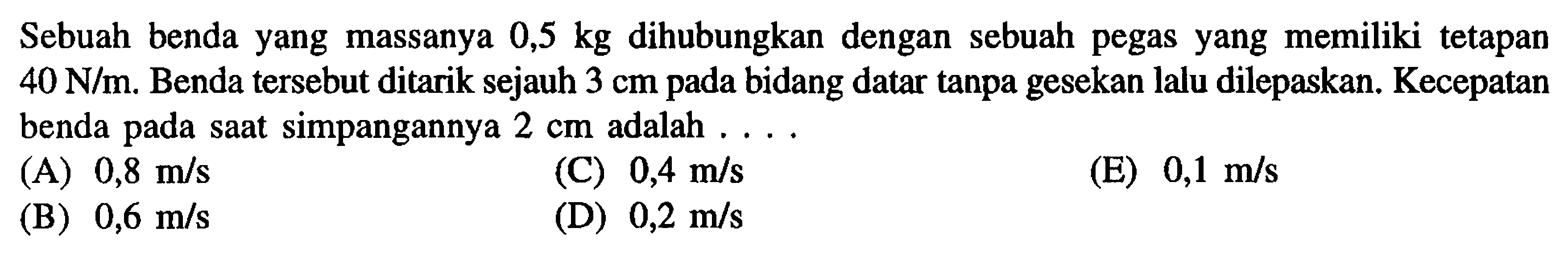 Sebuah benda yang massanya 0,5 kg dihubungkan dengan sebuah pegas yang memiliki tetapan 40 N/m. Benda tersebut ditarik sejauh 3 cm pada bidang datar tanpa gesekan lalu dilepaskan. Kecepatan benda pada saat simpangannya 2 cm adalah .... 