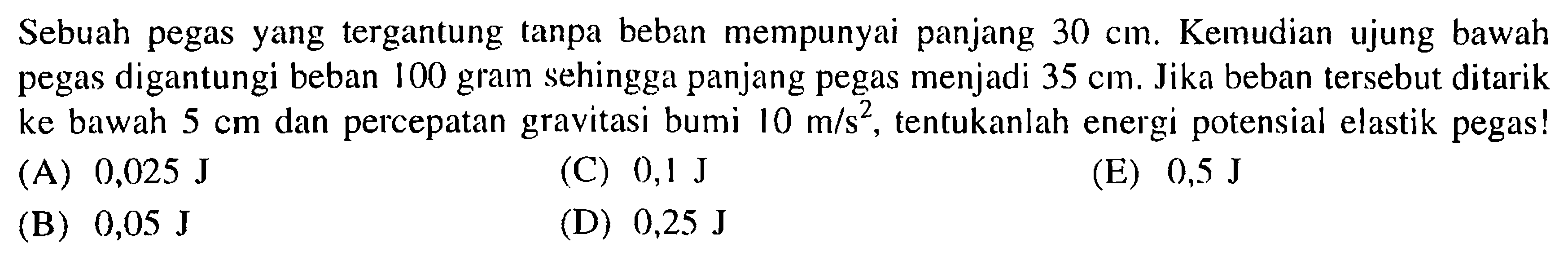 Sebuah pegas yang tergantung tanpa beban mempunyai panjang  30 cm . Kemudian ujung bawah pegas digantungi beban 100 gram sehingga panjang pegas menjadi  35 cm. Jika beban tersebut ditarik ke bawah 5 cm  dan percepatan gravitasi bumi  10 m/s^2, tentukanlah energi potensial elastik pegas!
