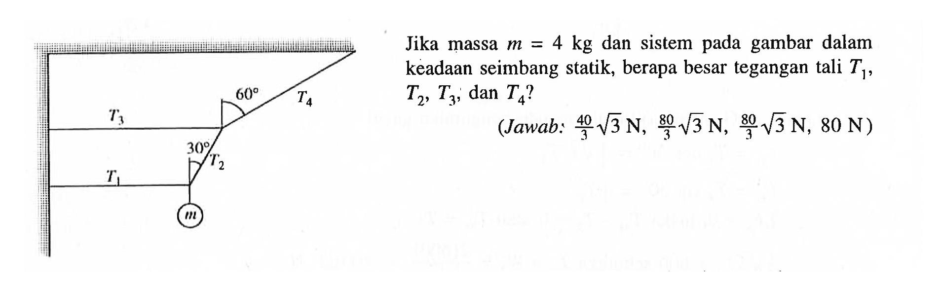 60 T4 T3 30 T2 T1 m 
Jika massa m = 4  kg dan sistem pada gambar dalam keadaan seimbang statik, berapa besar tegangan tali T1, T2, T3, dan T4? (Jawab: 40/3 akar(3) N, 80/3 akar(3) N, 80/3 akar(3) N, 80 N) 