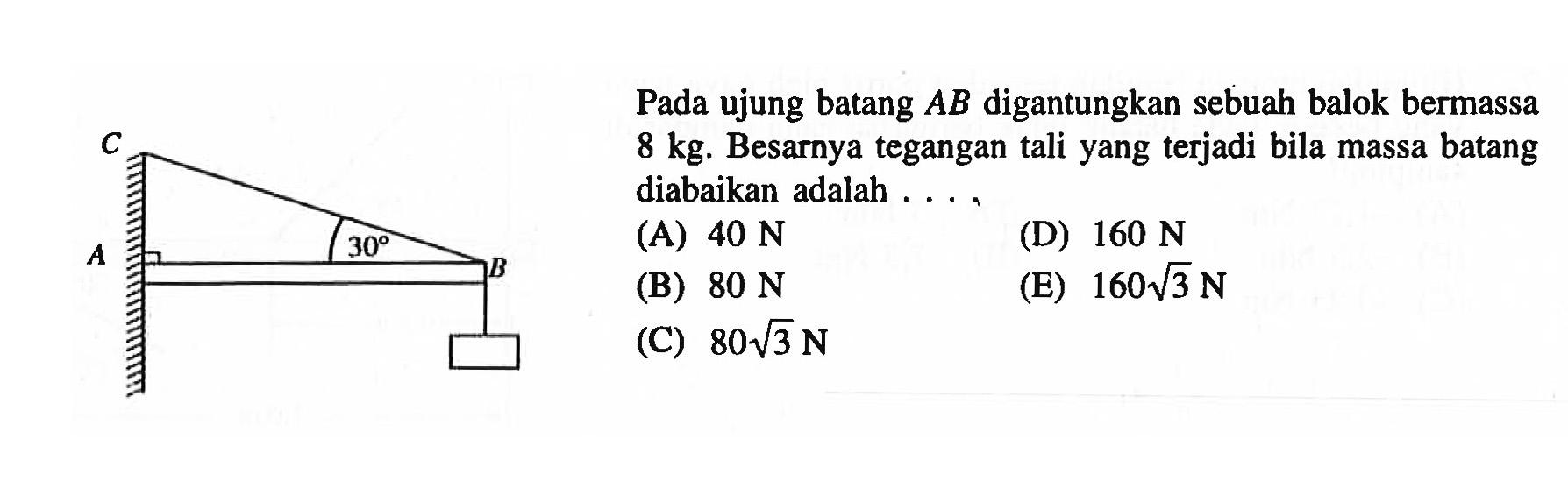 C A 30 B Pada ujung batang AB digantungkan sebuah balok bermassa 8 kg. Besarnya tegangan tali yang terjadi bila massa batang diabaikan adalah ....