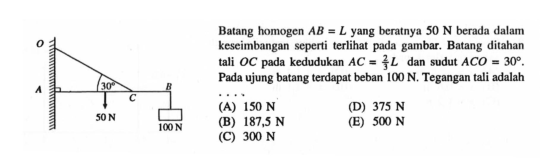 O A 30 C B 50N 100N Batang homogen  AB=L  yang beratnya  50 N  berada dalam keseimbangan seperti terlihat pada gambar. Batang ditahan tali  OC  pada kedudukan  AC=2/3 L  dan sudut  ACO=30 . Pada ujung batang terdapat beban  100 N . Tegangan tali adalah ....