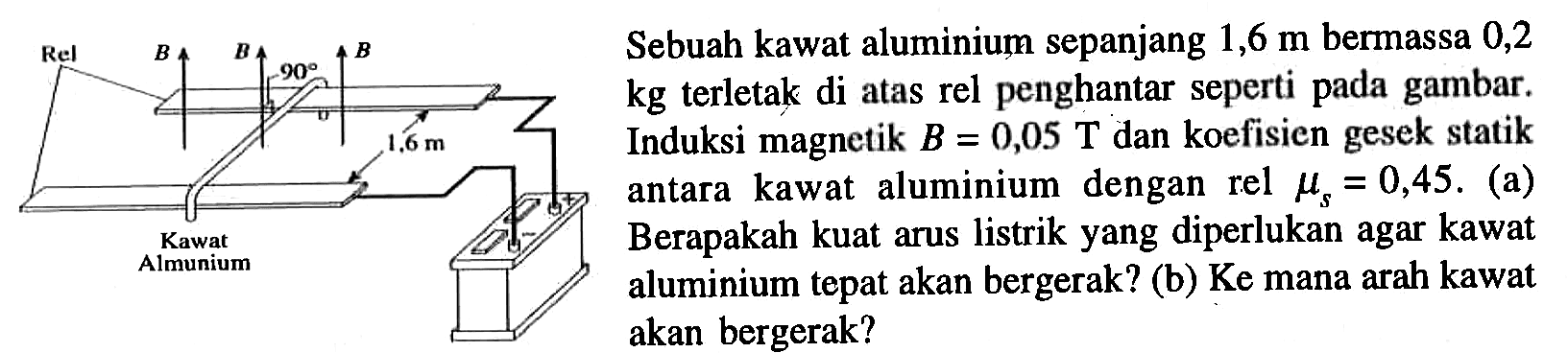 Sebuah kawat aluminium sepanjang 1,6 m bermassa 0,2 kg terletak di atas rel seperti penghantar gambar. Induksi magnetik B = 0,05 T dan koefisien gesek statik antara kawat aluminium dengan rel mu s = 0,45. (a) Kawat Berapakah kuat arus listrik yang diperlukan agar kawat Almunium aluminium tepat akan bergerak? (b) Ke mana arah kawat akan bergerak?