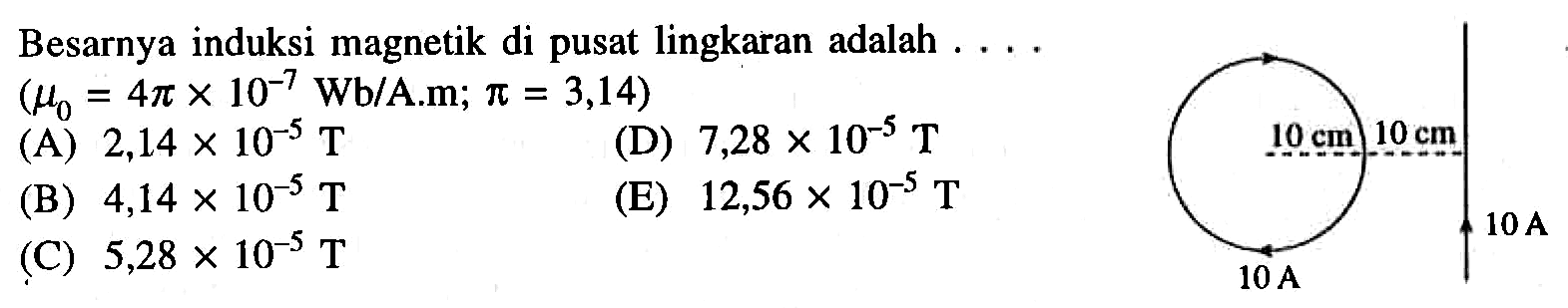 Besarnya induksi magnetik di pusat lingkaran adalah.... (mu 0 = 4 pi x Wb/A.m; pi = 3,14)