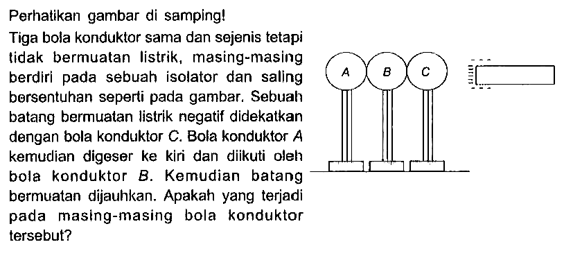 Perhatikan gambar di samping! Tiga bola konduktor sama dan sejenis tetapi tidak bermuatan listrik, masing-masing berdiri pada sebuah isolator dan saling bersentuhan seperti pada gambar. Sebuah batang bermuatan listrik negatif didekatkan dengan bola konduktor C. Bola konduktor A kemudian digoser ke kiri dan diikuti oleh bola konduktor B. Kemudian batang bermuatan dijauhkan. Apakah yang terjadi pada masing-masing bola konduktor tersebut?