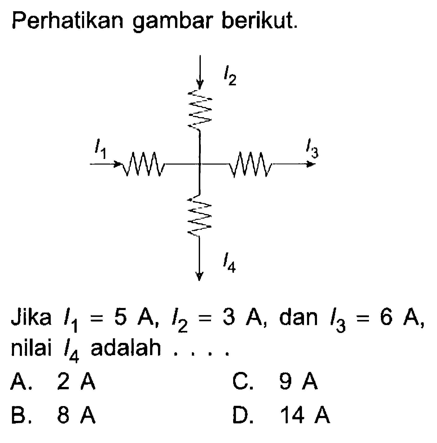 Perhatikan gambar berikut. I2 I1 I3 I4 Jika I1 = 5 A, I2 = 3 A, dan I3 = 6 A, nilai I4 adalah . . . .