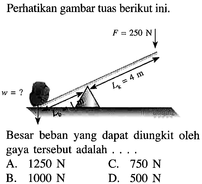 Perhatikan gambar tuas berikut ini. Besar beban yang dapat diungkit oleh gaya tersebut adalah