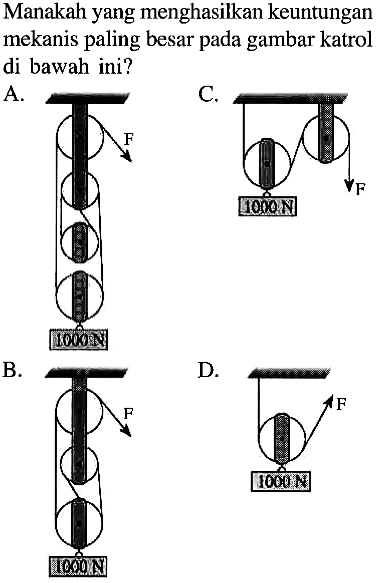 Manakah yang menghasilkan keuntungan mekanis paling besar gambar katrol di bawah ini? A. B. C. D. F 1000 N