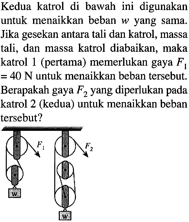 Kedua katrol di bawah ini digunakan untuk menaikkan beban w yang sama. Jika gesekan antara tali dan katrol, massa tali, dan massa katrol diabaikan, maka katrol 1 (pertama) memerlukan gaya F1 = 40 N untuk menaikkan beban tersebut. Berapakah gaya F2 yang diperlukan pada katrol 2 (kedua) untuk menaikkan beban tersebut?