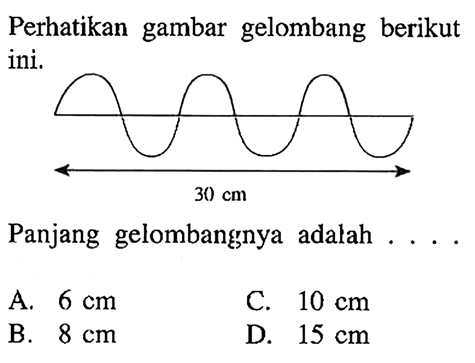 Perhatikan gambar gelombang berikut ini.30 cm Panjang gelombangnya adalah ....