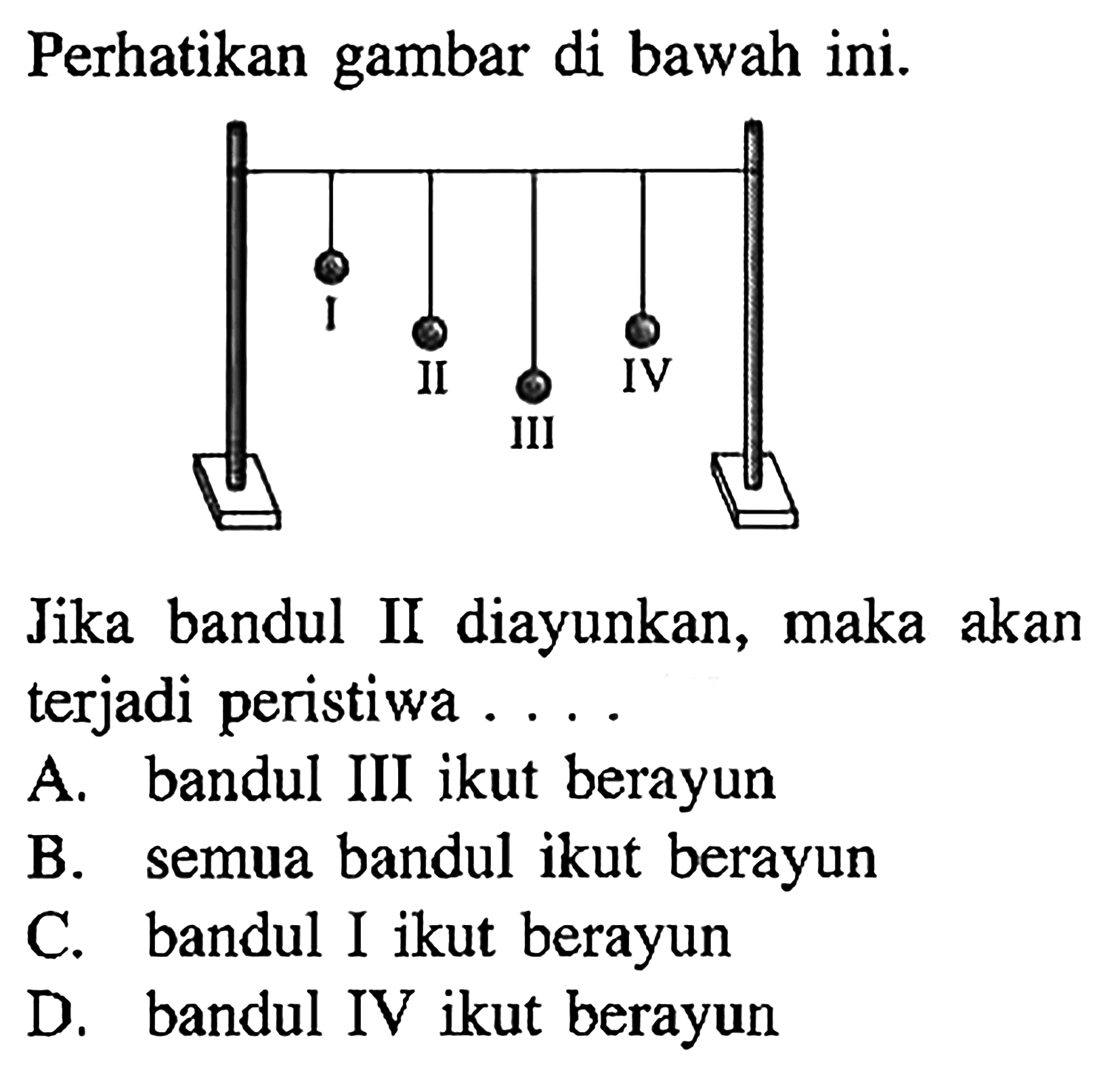 Perhatikan gambar di bawah ini.I II III IV Jika bandul II diayunkan, maka akan terjadi peristiwa .... 