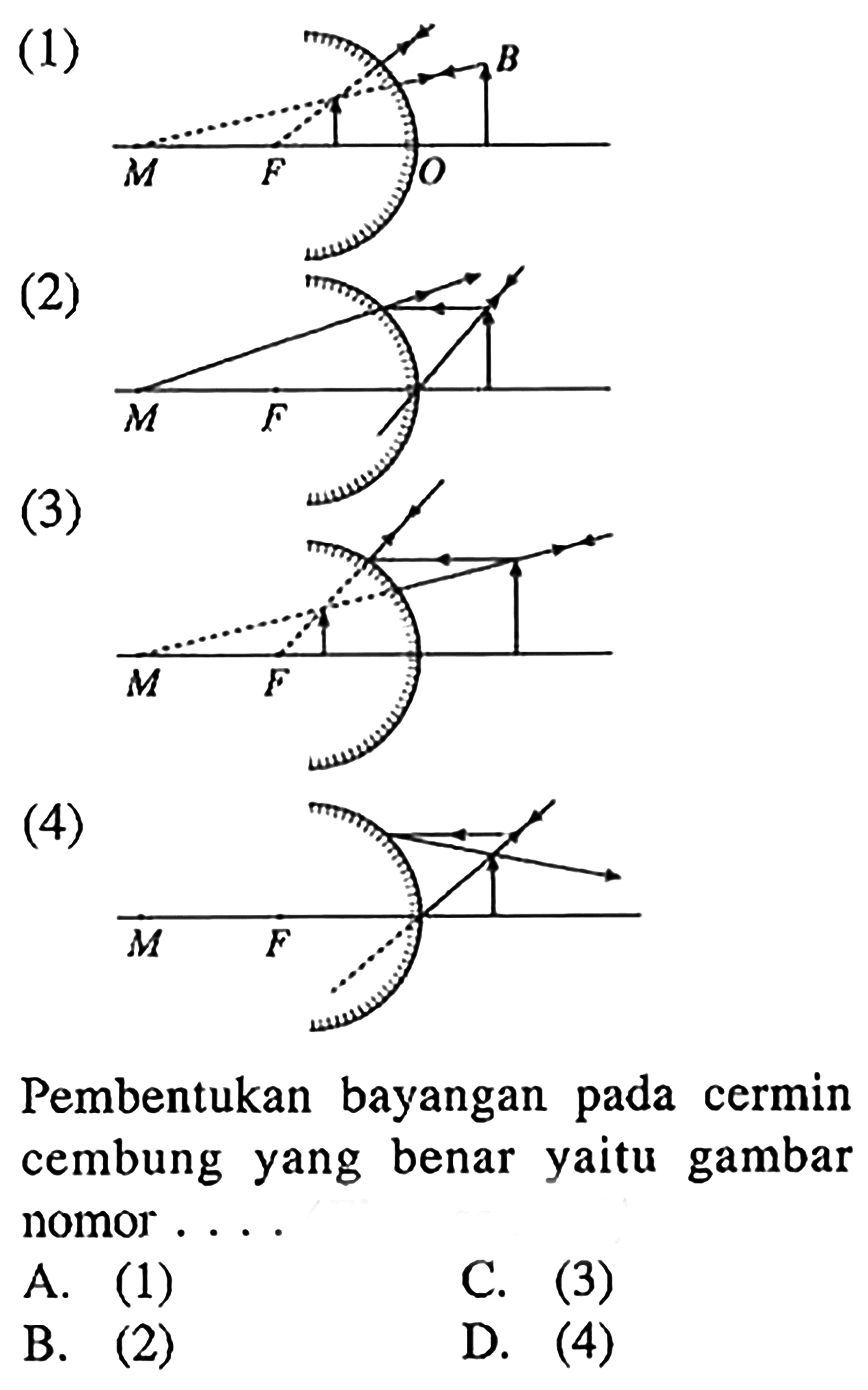 (1) M F O B
(2) M F
(3) M F
(4) M F
Pembentukan bayangan pada cermin cembung yang benar yaitu gambar nomor ....
A. (1)
C. (3)
B. (2)
D. (4)