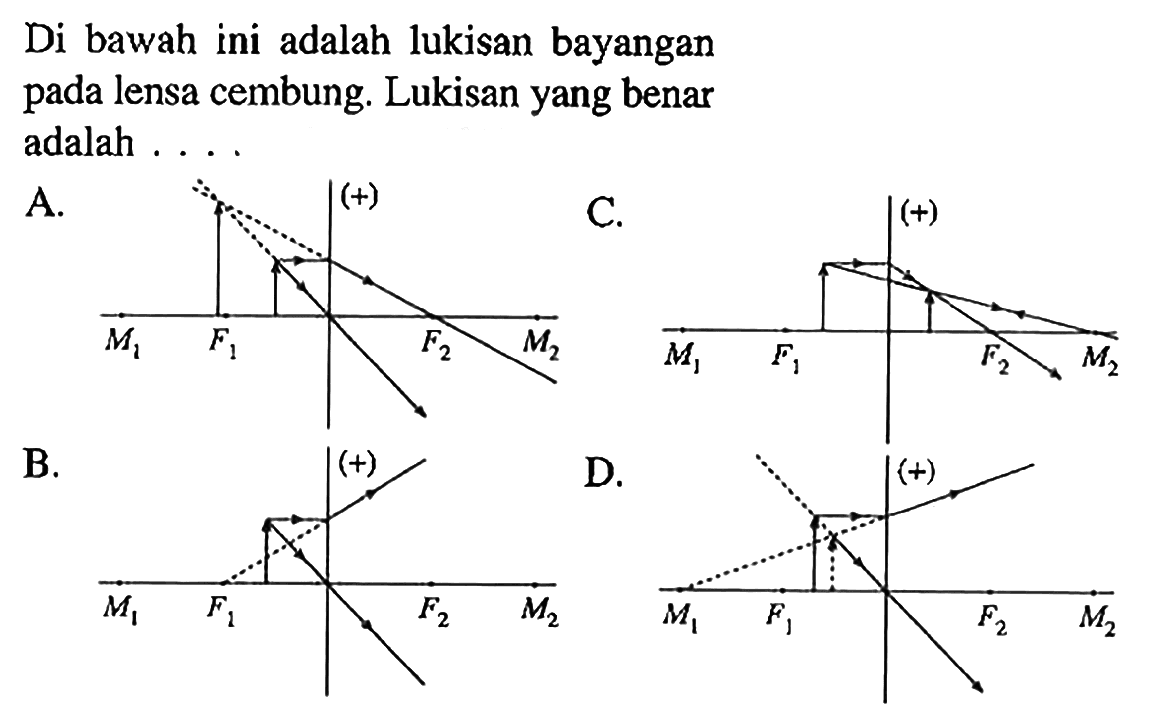 Di bawah ini adalah lukisan bayangan pada lensa cembung. Lukisan yang benar adalah .... 