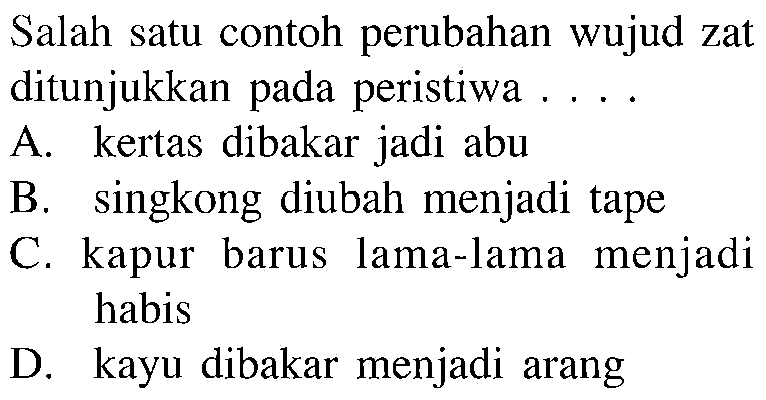 Salah satu contoh perubahan wujud zat ditunjukkan pada peristiwa ...