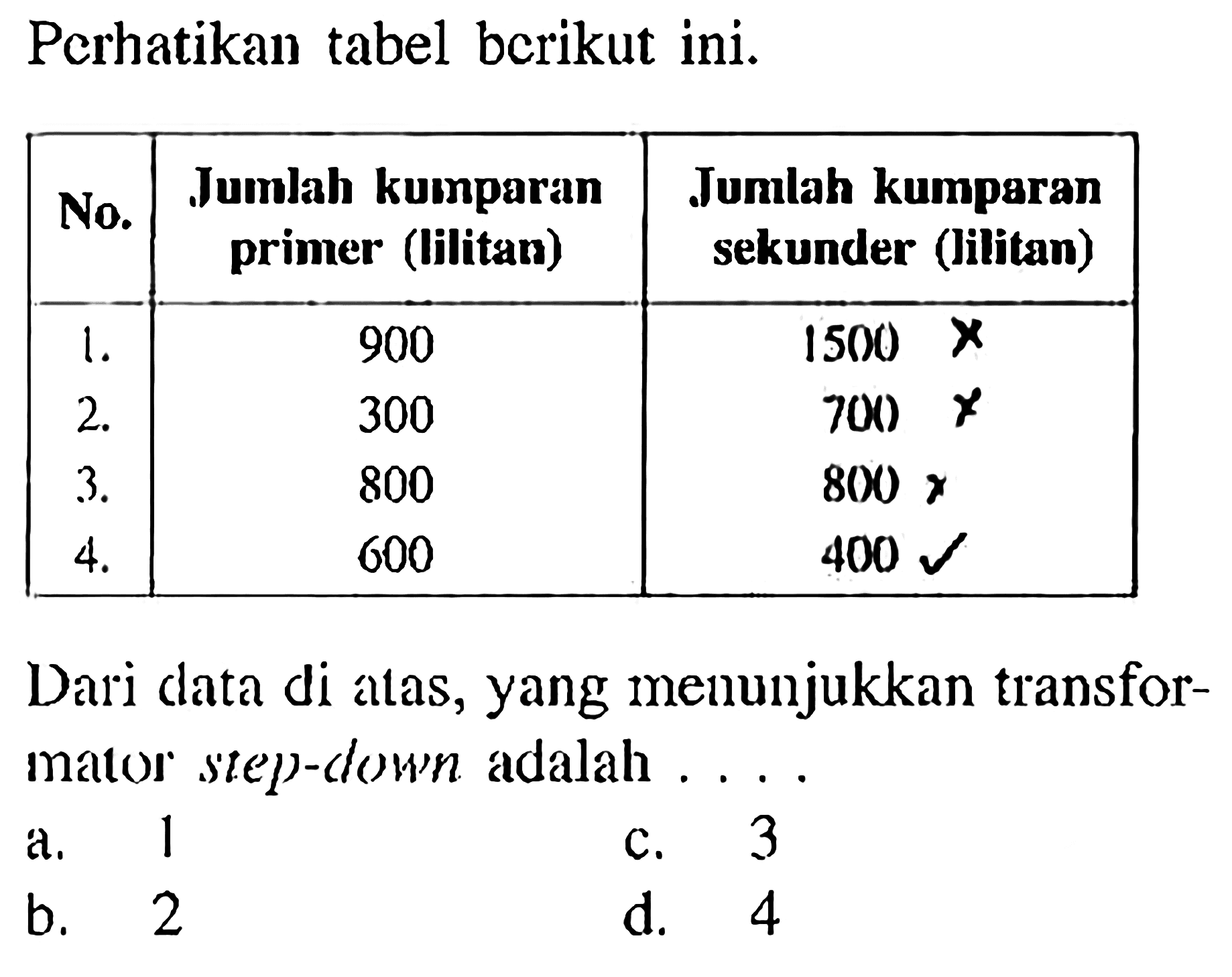 Perhatikan tabel berikut ini.

 No. Jumlah kumparan primer (lilitan) Jumlah kumparan sekunder (lilitan) 
 1. 900 1500
 2. 300 700)
 3. 800 800
 4. 600 400


Dari data di atas, yang menunjukkan transformator step-clown adalah ....
