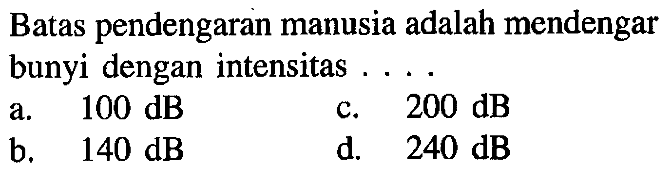 Batas pendengaran manusia adalah mendengar bunyi dengan intensitas .... 