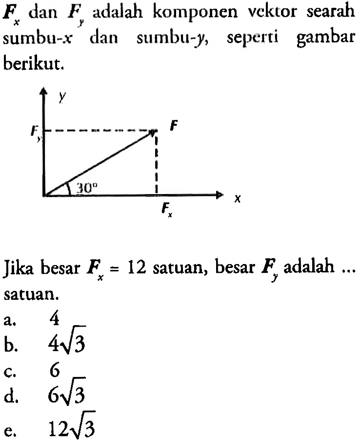 F1 dan F2 adalah komponen vektor searah sumbu-x dan sumbu-y, seperti berikut. Jika besar Fx = 12 satuan, besar Fy adalah ... satuan.