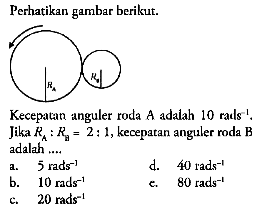 Perhatikan gambar berikut. Kecepatan anguler roda A adalah 10 rads^-1. Jika RA : RB=2 : 1, kecepatan anguler roda B adalah .... 