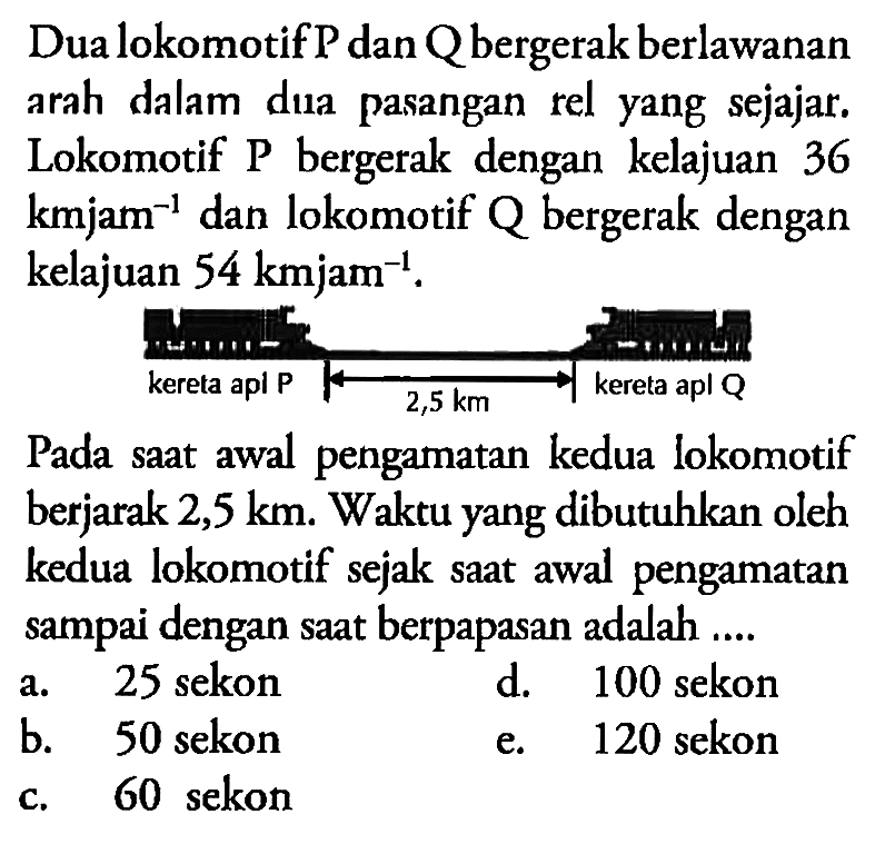 Dua lokomotif P dan Qbergerak berlawanan arah dalam dua pasangan rel yang sejajar. Lokomotif P bergerak dengan kelajuan 36 kmjam^-1 dan lokomotif Q bergerak dengan kelajuan 54 kmjam^-1. kereta api P 2,5 km kereta api Q Pada saat awal pengamatan kedua lokomotif berjarak 2,5 km. Waktu yang dibutuhkan oleh kedua lokomotif sejak saat awal pengamatan sampai dengan saat berpapasan adalah ....