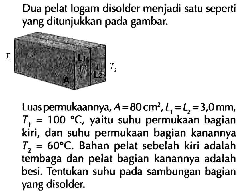 Dua pelat logam disolder menjadi satu seperti yang ditunjukkan pada gambar. 
T1 A L1 L2 T2  
Luas permukaannya, A = 80 cm^2, L1 = L2 = 3,0 mm, T1 = 100 C, yaitu suhu permukaan bagian kiri, dan suhu permukaan bagian kanannya T2 = 60 C. Bahan pelat sebelah kiri adalah tembaga dan pelat bagian kanannya adalah besi. Tentukan suhu pada sambungan bagian yang disolder.