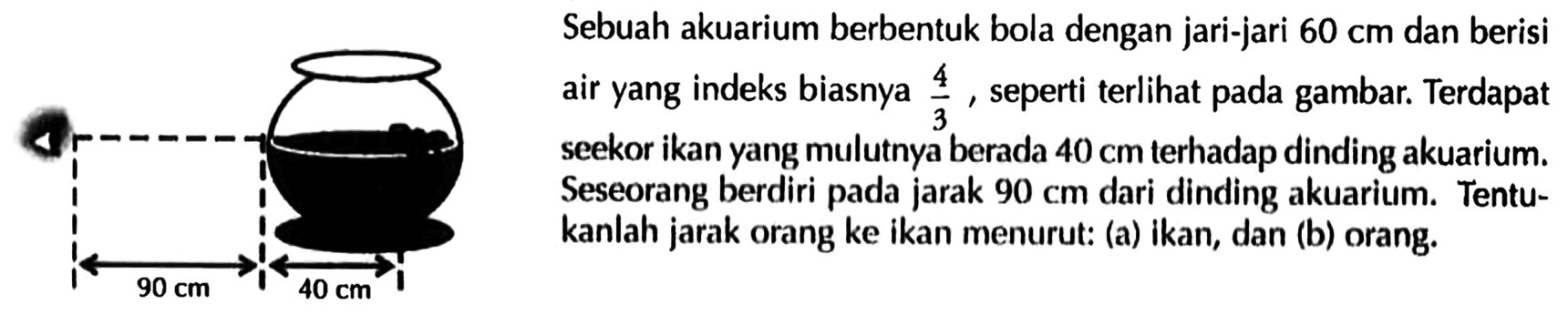 90 cm 40 cm Sebuah akuarium berbentuk bola dengan jari-jari 60 cm dan berisi air yang indeks biasnya 4/3, seperti terlihat pada gambar. Terdapat seekor ikan yang mulutnya berada 40 cm terhadap dinding akuarium. Seseorang berdiri pada jarak 90 cm dari dinding akuarium. Tentukanlah jarak orang ke ikan menurut: (a) ikan, dan (b) orang. 