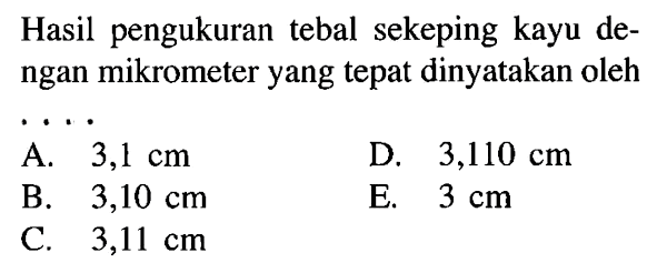 Hasil pengukuran tebal sekeping kayu de- ngan mikrometer yang tepat dinyatakan oleh . . . .