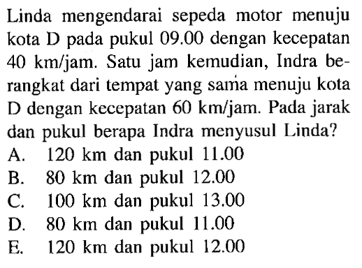 Linda mengendarai sepeda motor menuju kota D pada pukul 09.00 dengan kecepatan 40 km/jam. Satu jam kemudian, Indra be-rangkat dari tempat yang sama menuju kota D dengan kecepatan 60 km/jam. Pada jarak dan pukul berapa Indra menyusul Linda?