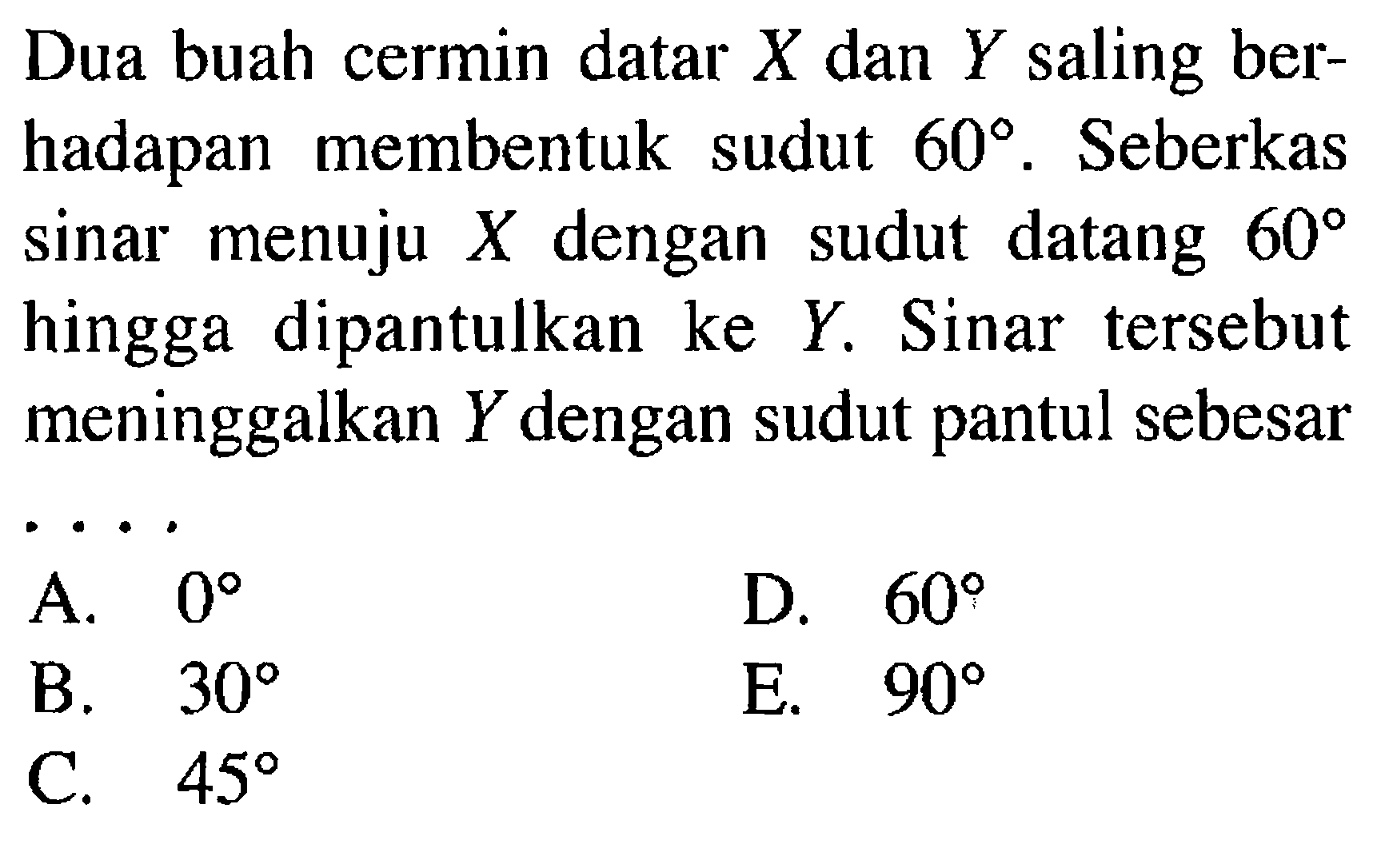 Dua buah cermin datar X dan Y saling berhadapan membentuk sudut 60. Seberkas sinar menuju X dengan sudut datang 60 hingga dipantulkan ke Y. Sinar tersebut meninggalkan Y dengan sudut pantul sebesar...